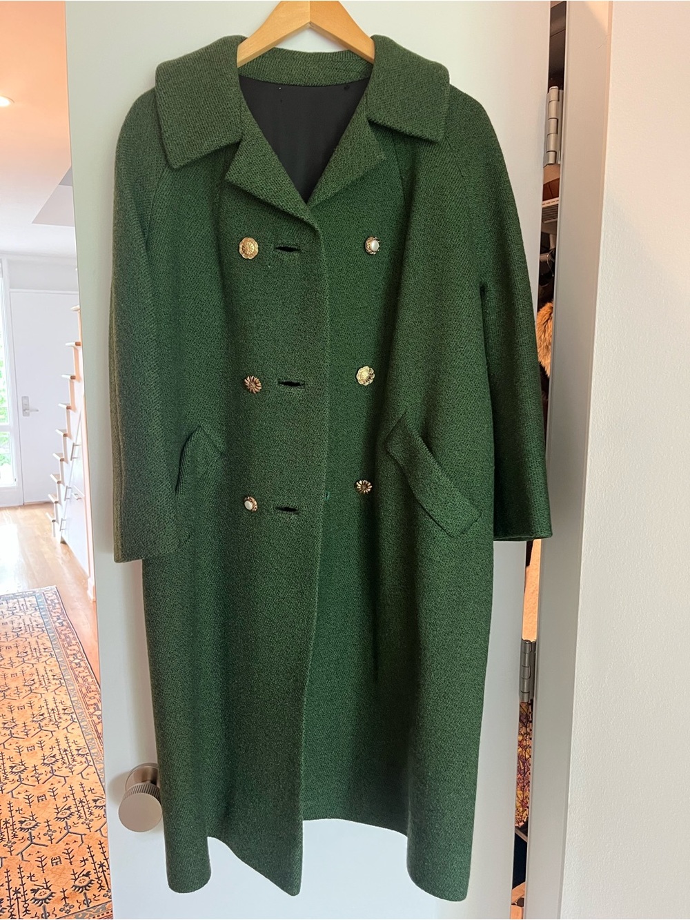 Vintage Classic Double-Breasted Dark Green Wool Coat